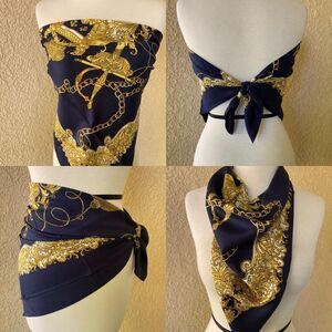LAHMY By Patricia Paris Navy Blue and Gold Square‎ Scarf 30.5 in x 30.5 in
